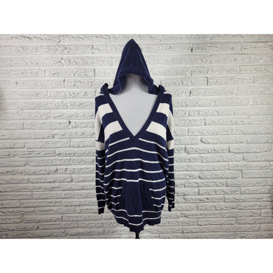 Fashion Bug Womens Sweater Extra Large XL Tunic Hoodie Blue Stripe Cotton Casual