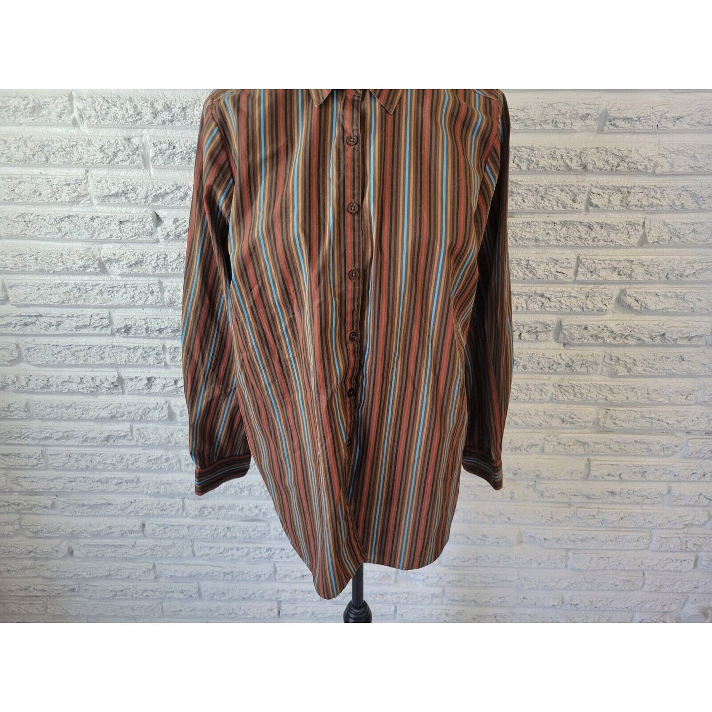 Roamans Womens Shirt 16W Plus Long Sleeve Collar Button Up Brown Stripe Office