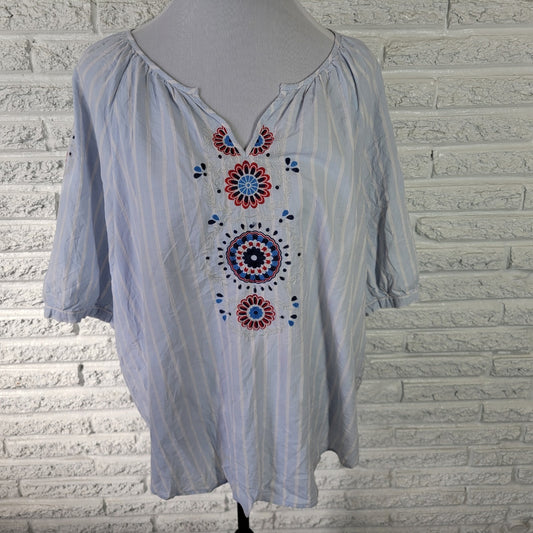 St. John's Bay XL Women Top 100% Cotton Blue Red Geometric V-Neck Embroidered