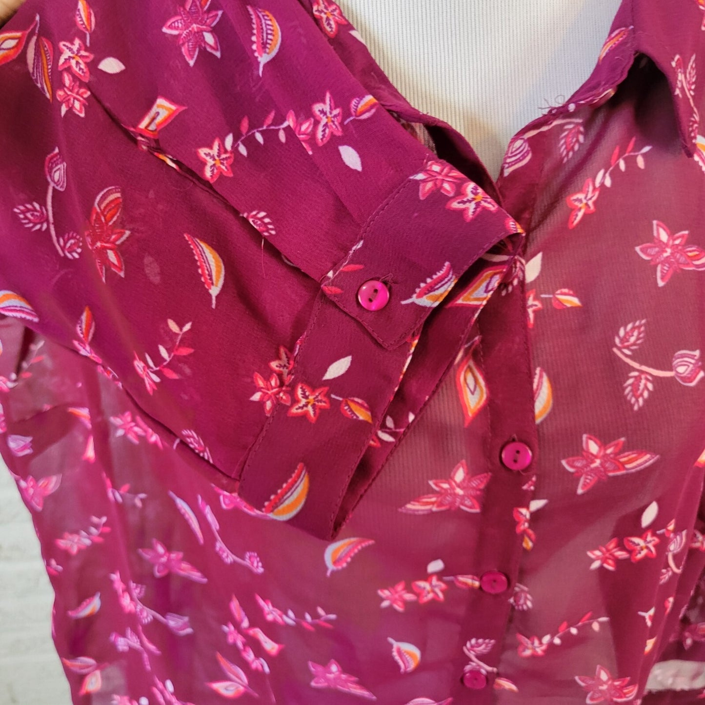 Attention Womens Top 1X Plus 3/4 Sleeve Purple Floral Lightweight Sheer Buttons