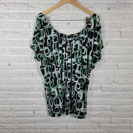 Worthington Womens Top 2X Plus Tunic Dolman Sleeve Green Geometric Keyhole Comfy