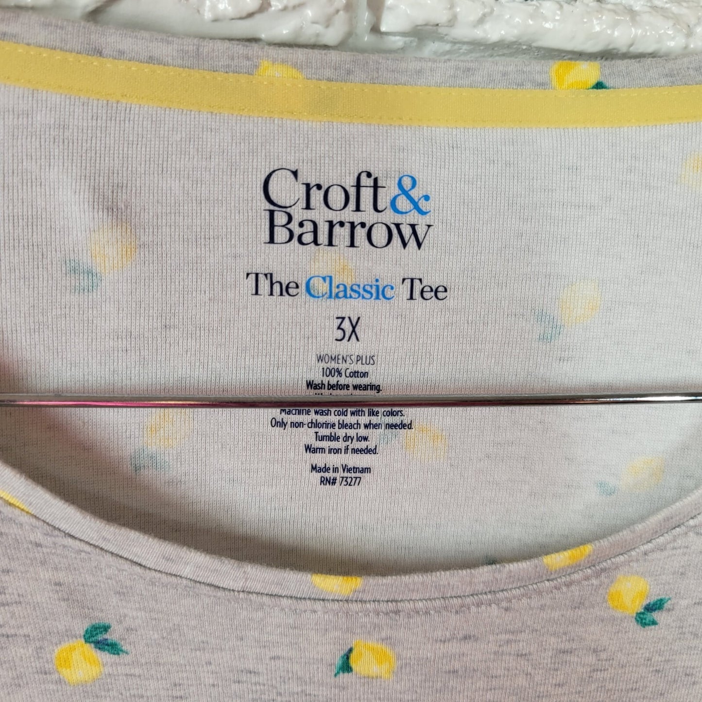 Croft Barrow Womens Top 3X Plus Tee Short Sleeve Yellow Gray Cotton Lemons