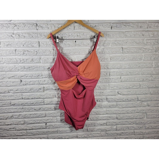 Time Tru Womens Swimsuit 2X One Piece Pink Open Belly Adjustable Spaghetti Bra
