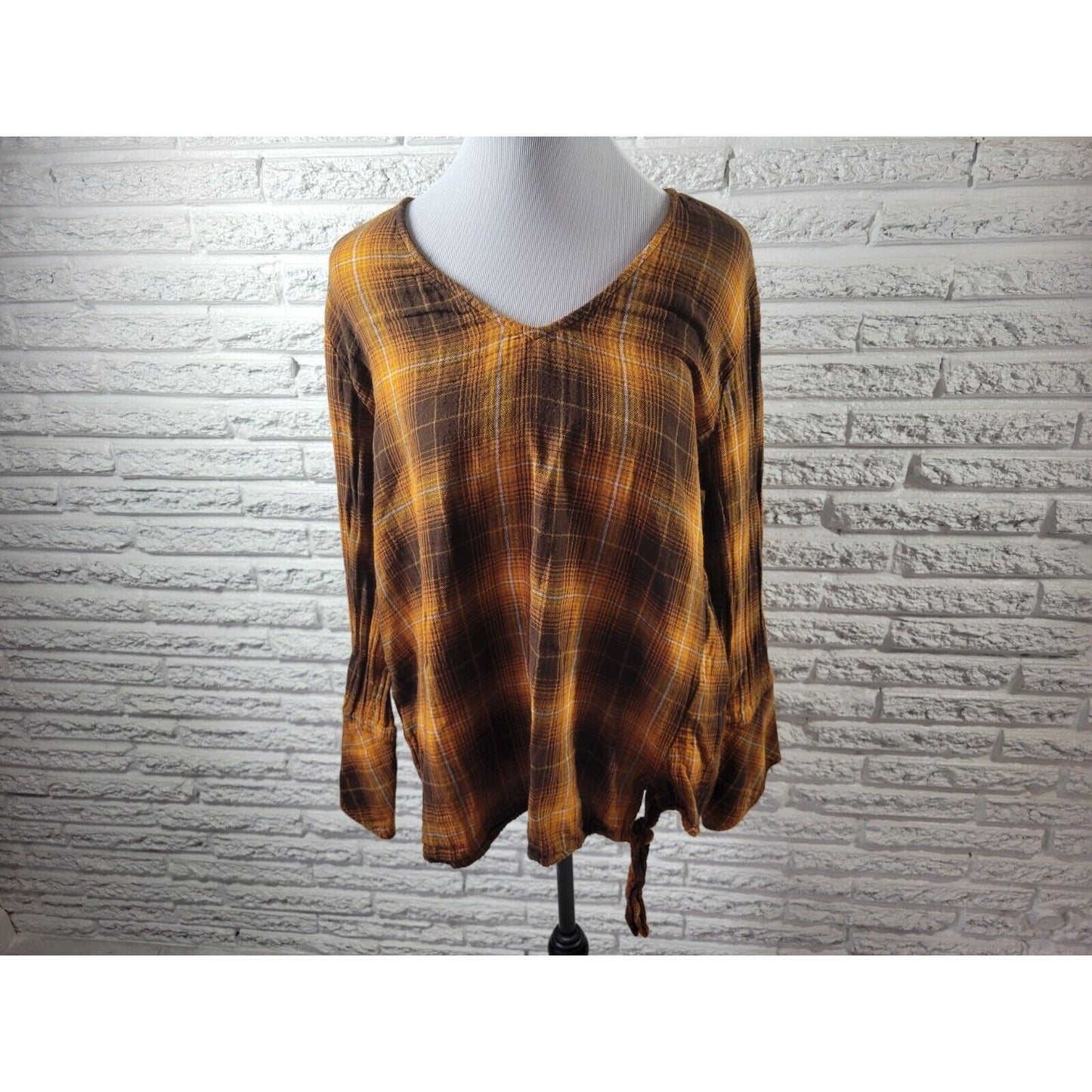 Time Tru Womens Top XXL 20 Long Bell Sleeve Brown Plaid Casual Cotton Tied Hem