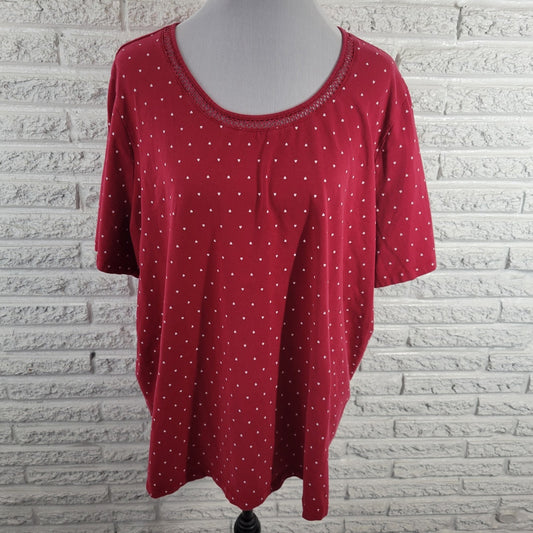 Catherines Womens Top 2X Plus Tee Crochet Neckline Red Tiny Hearts Comfy Casual