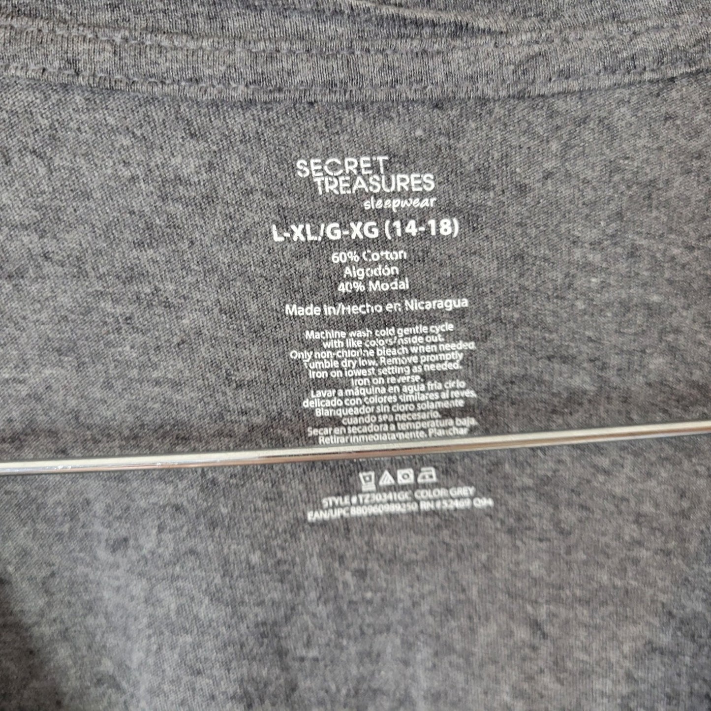 Secret Treasures L/XL Pajama Top Gray Soft Cotton Blend Crew Neck PJ Shirt Women