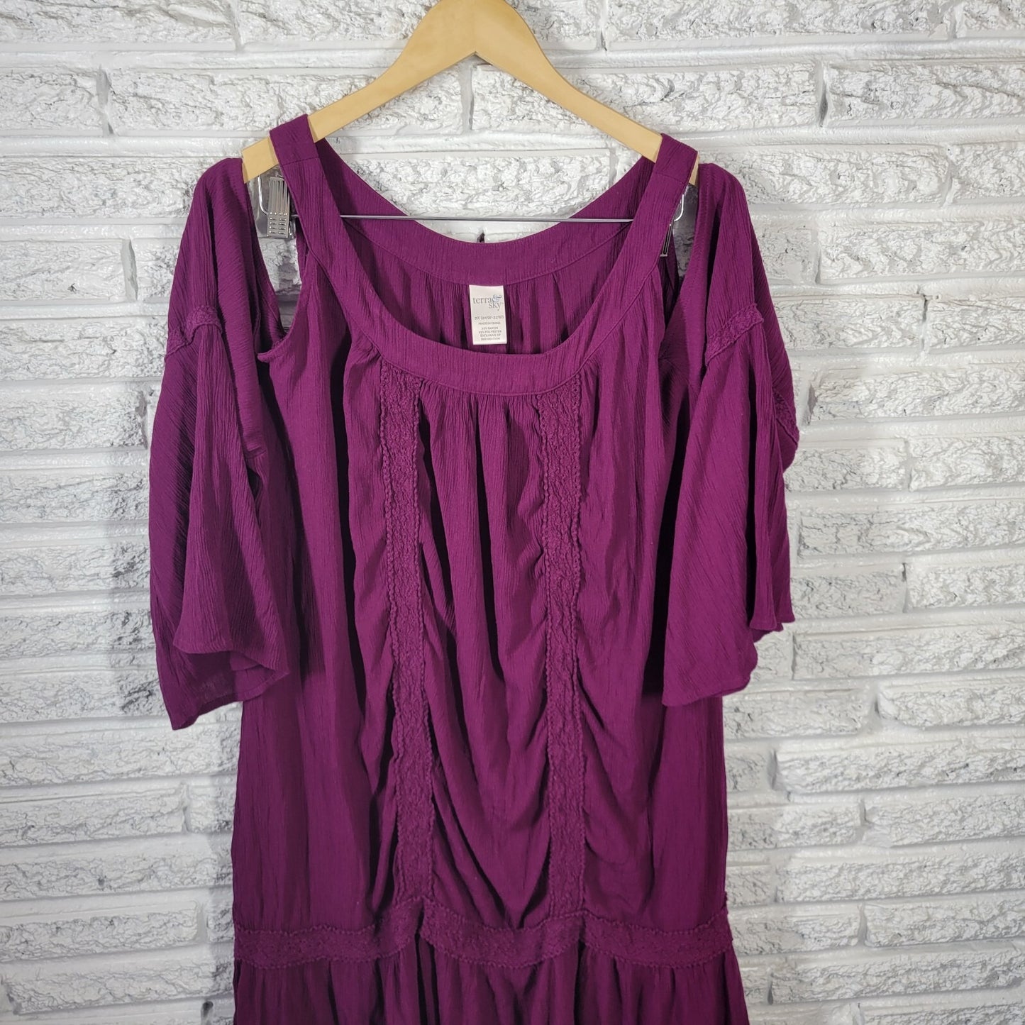Terra Sky Womens Dress 2X Plus Mini Bell Cold Shoulder Sleeve Purple Lace Trim