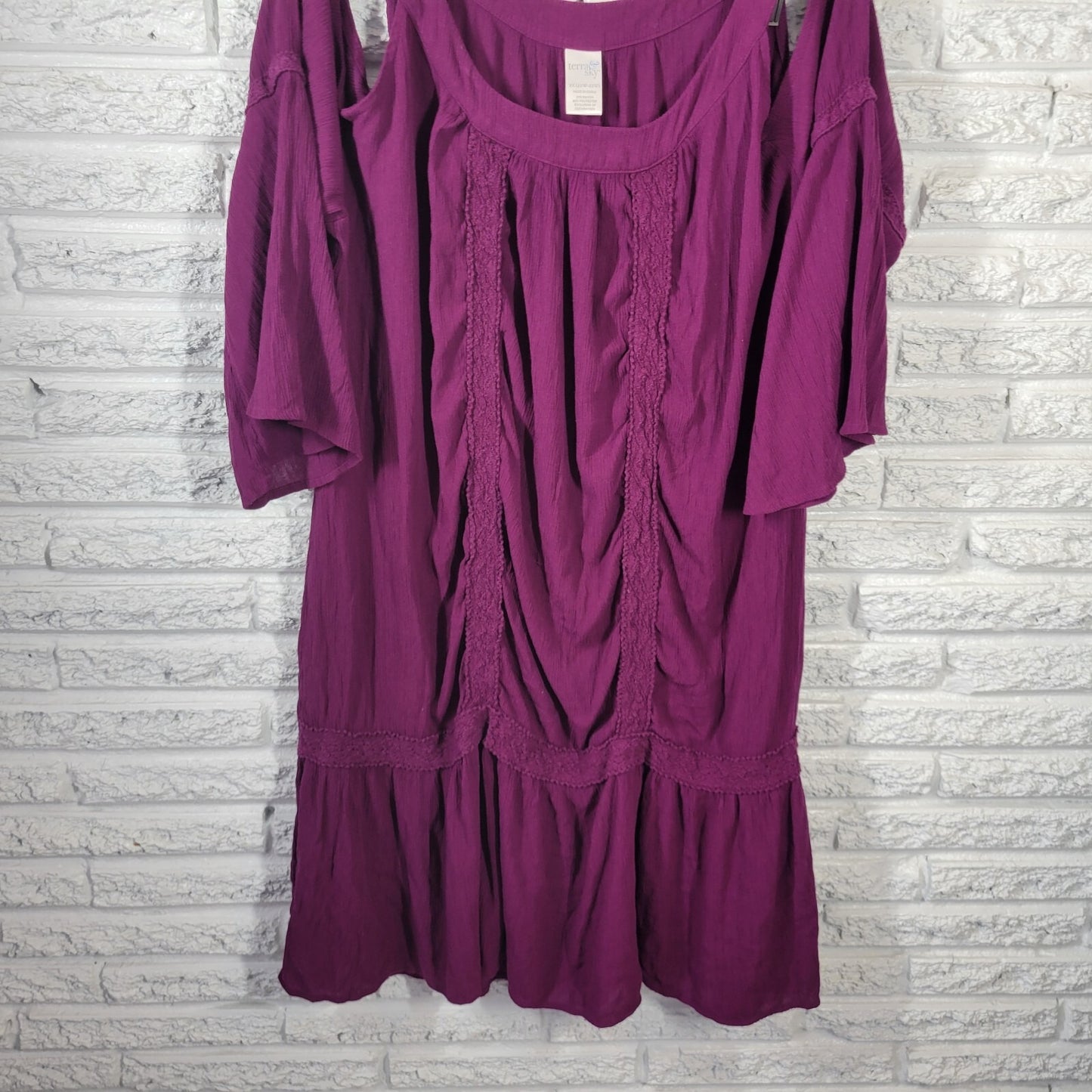 Terra Sky Womens Dress 2X Plus Mini Bell Cold Shoulder Sleeve Purple Lace Trim