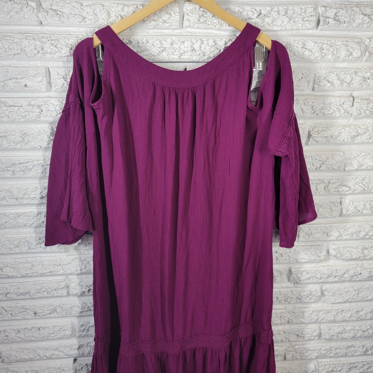 Terra Sky Womens Dress 2X Plus Mini Bell Cold Shoulder Sleeve Purple Lace Trim
