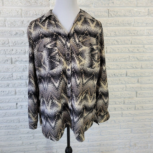 Kim Rogers Womens Top 1X Roll Tab Sleeve Black Tan Geometric Lightweight Button