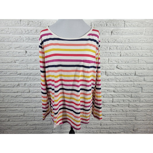 St Johns Bay Womens Top 2X Plus Long Sleeve Red Yellow Stripe Cotton Blend New