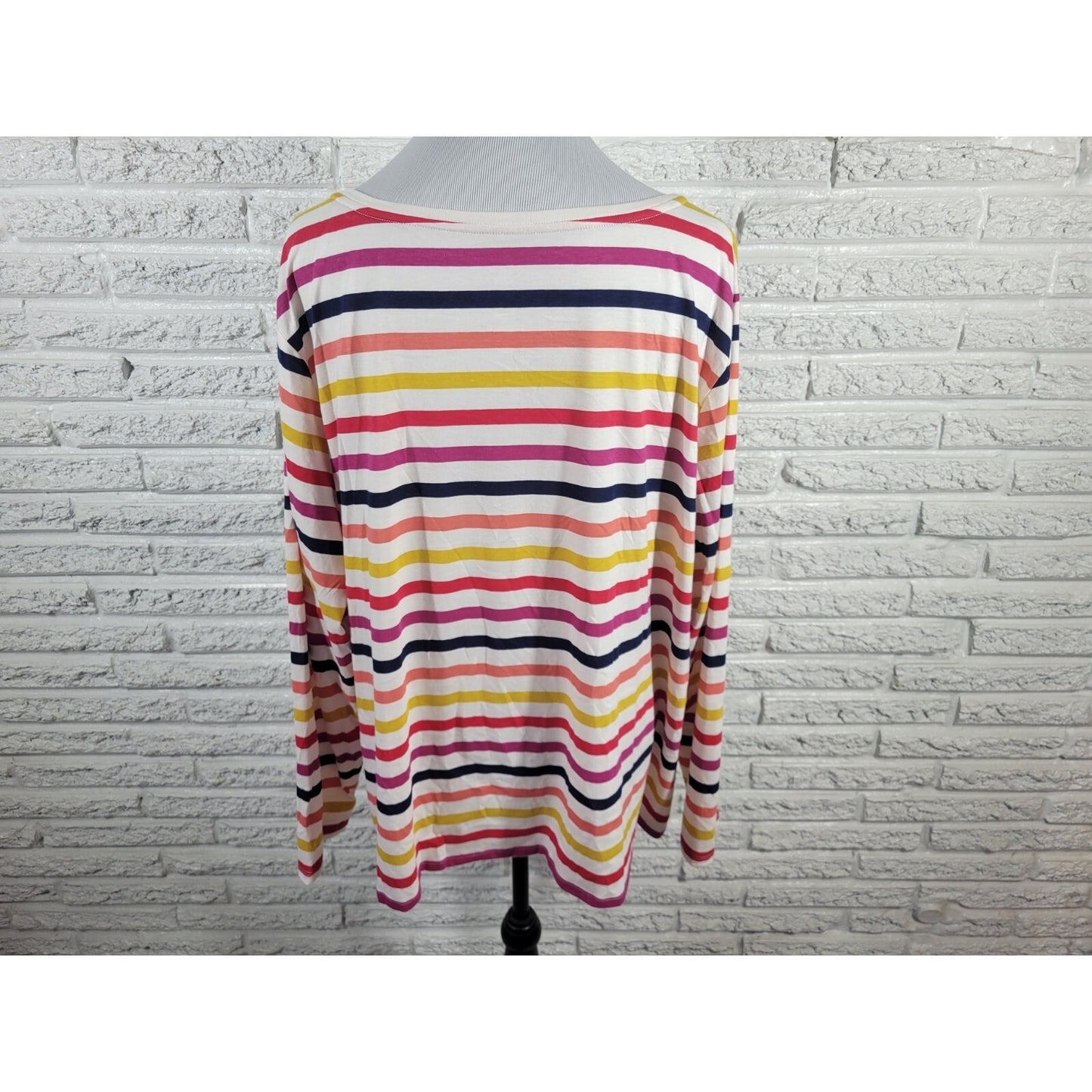 St Johns Bay Womens Top 2X Plus Long Sleeve Red Yellow Stripe Cotton Blend New