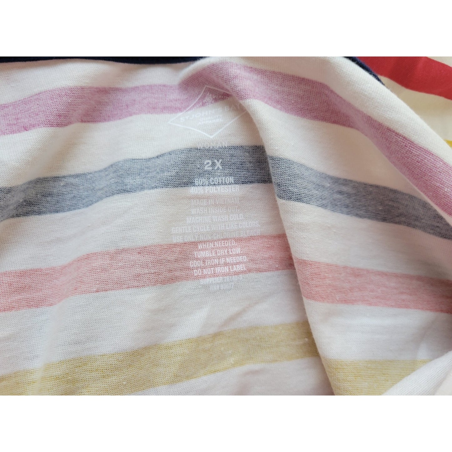 St Johns Bay Womens Top 2X Plus Long Sleeve Red Yellow Stripe Cotton Blend New