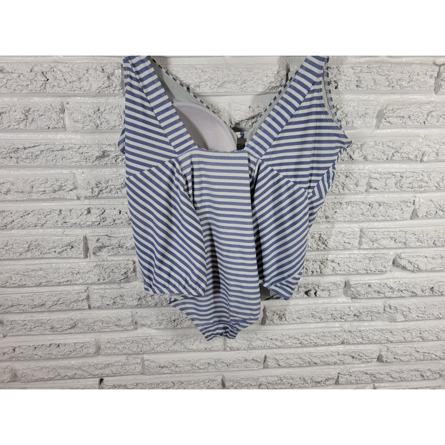 Time Tru Womens Swimsuit 1X Plus One Piece Blue Stripe Plunge Bra Wide Strap