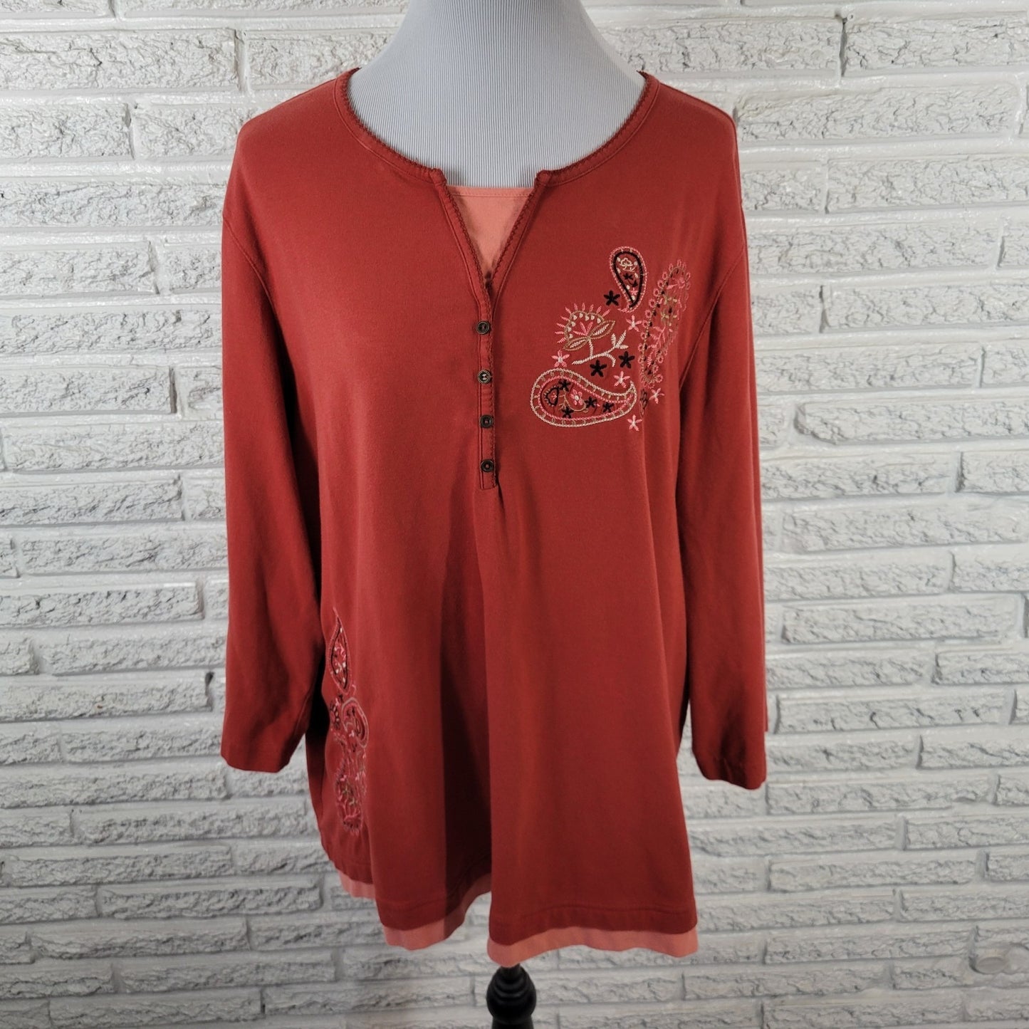 Denim Co QVC Womens Top 2X Plus 3/4 Sleeve Burnt Orange Embroidered Deco Buttons