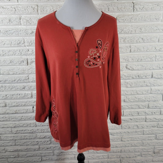 Denim Co QVC Womens Top 2X Plus 3/4 Sleeve Burnt Orange Embroidered Deco Buttons