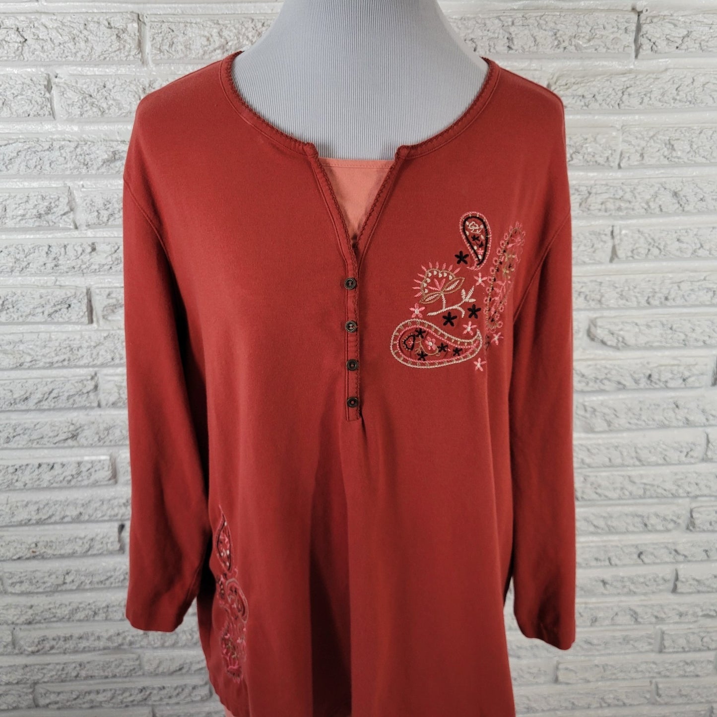 Denim Co QVC Womens Top 2X Plus 3/4 Sleeve Burnt Orange Embroidered Deco Buttons