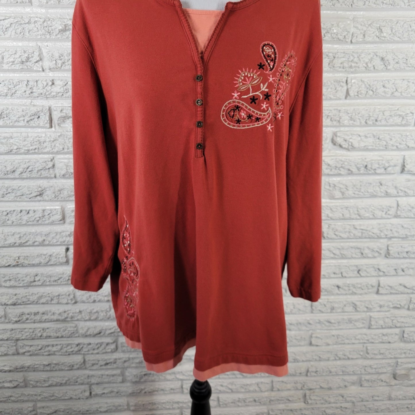 Denim Co QVC Womens Top 2X Plus 3/4 Sleeve Burnt Orange Embroidered Deco Buttons