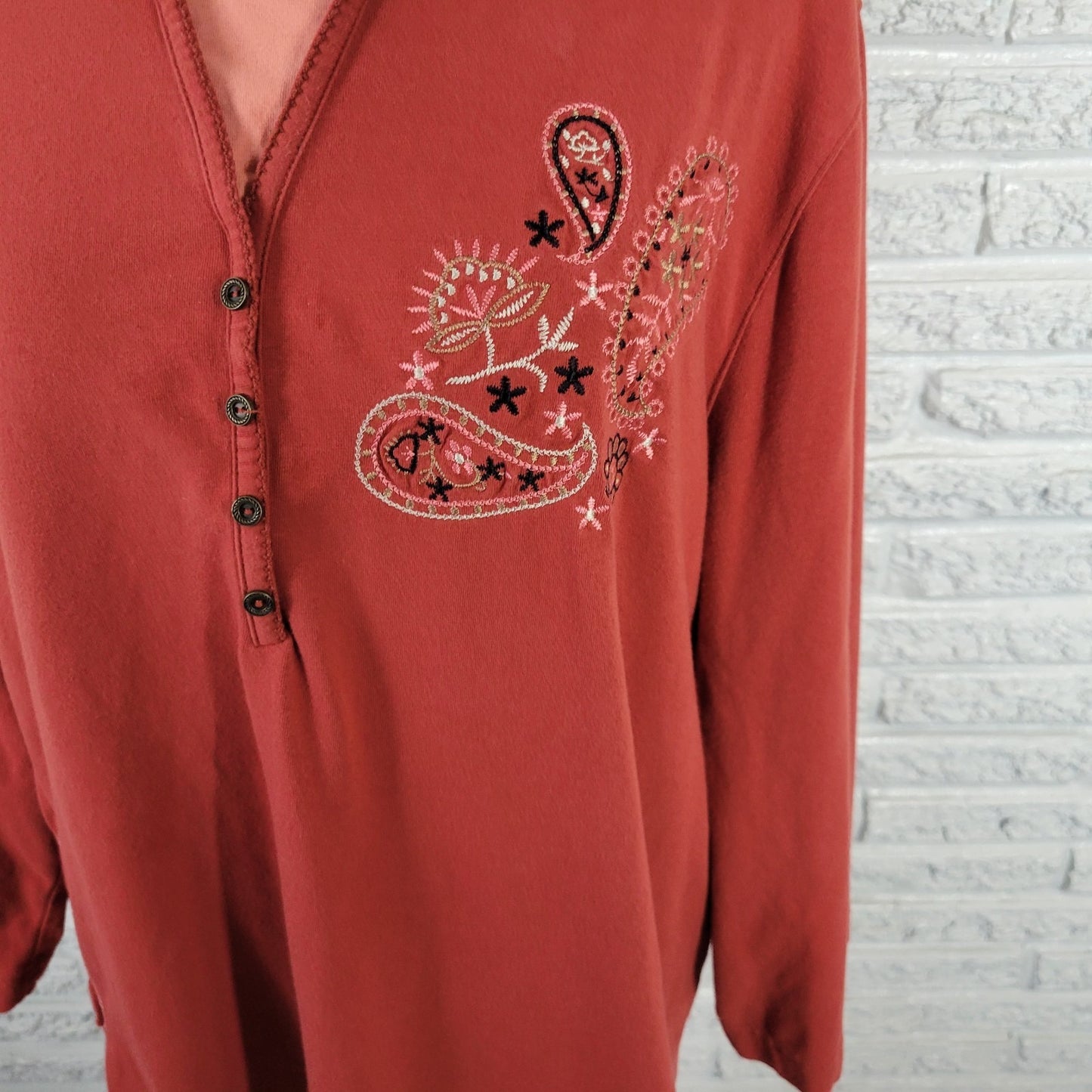 Denim Co QVC Womens Top 2X Plus 3/4 Sleeve Burnt Orange Embroidered Deco Buttons