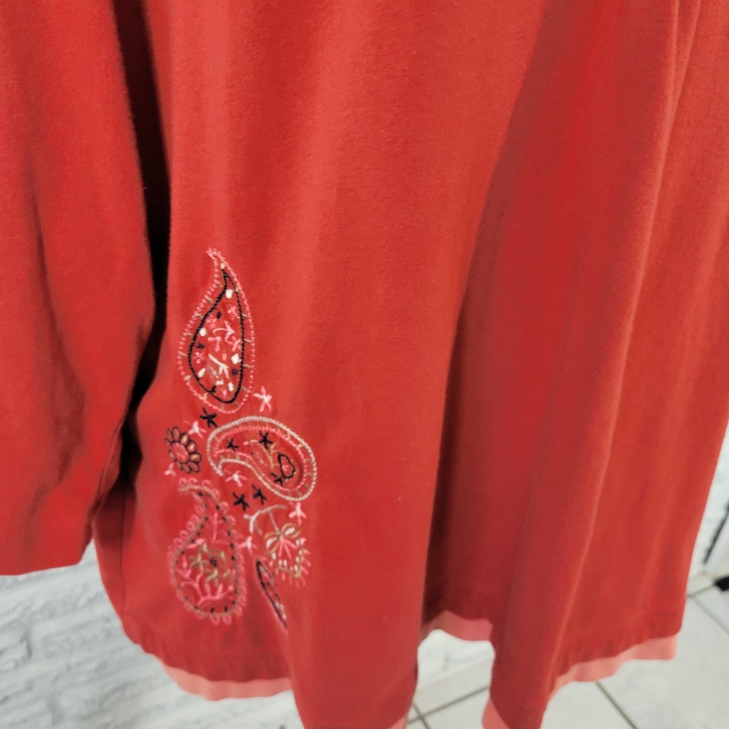 Denim Co QVC Womens Top 2X Plus 3/4 Sleeve Burnt Orange Embroidered Deco Buttons