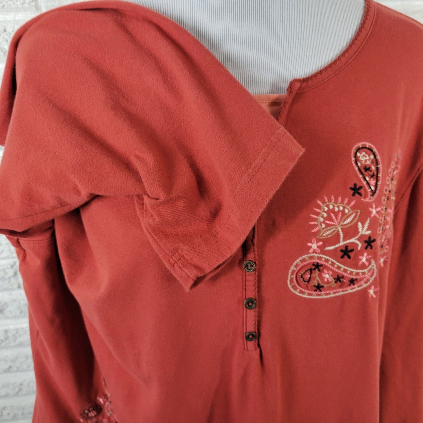Denim Co QVC Womens Top 2X Plus 3/4 Sleeve Burnt Orange Embroidered Deco Buttons