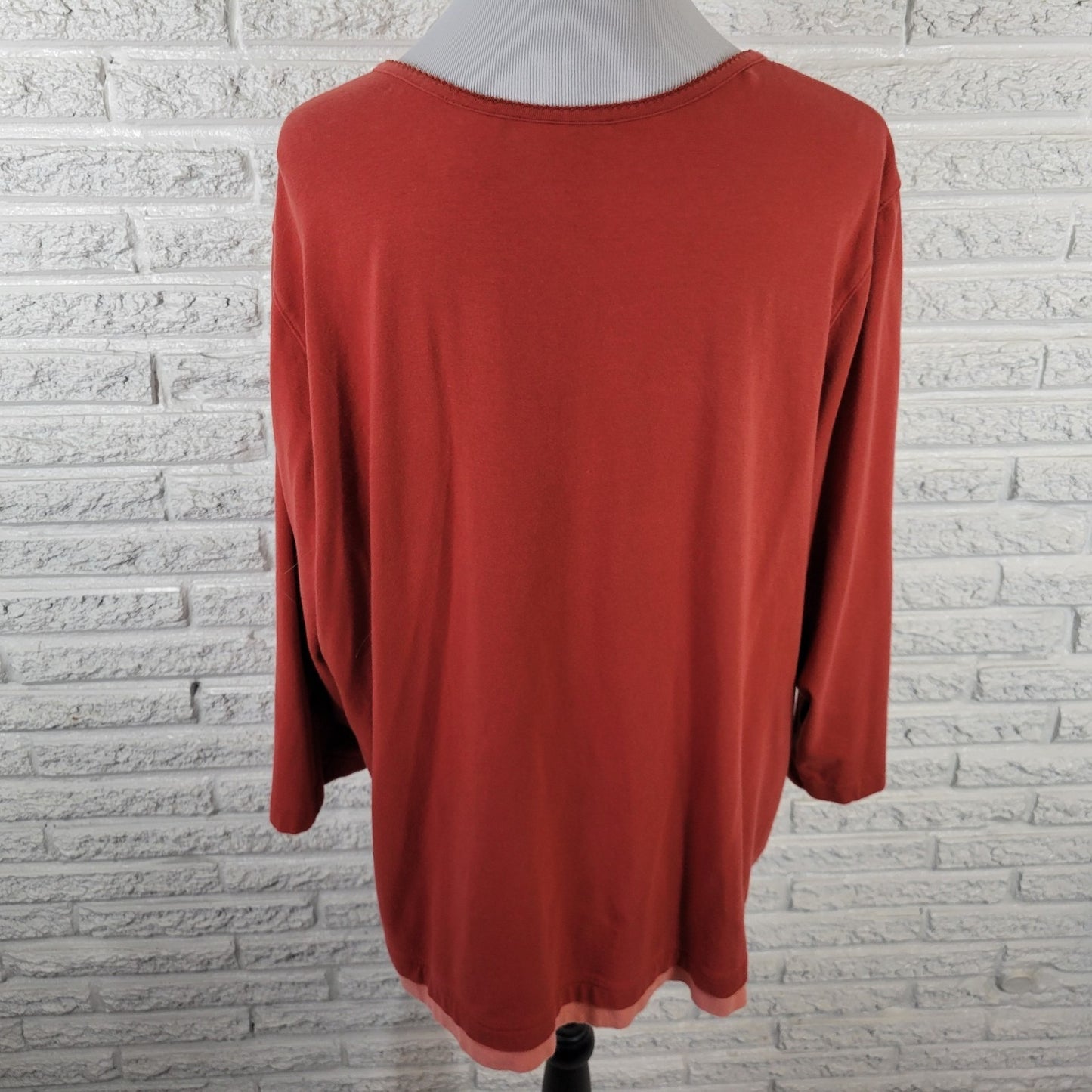 Denim Co QVC Womens Top 2X Plus 3/4 Sleeve Burnt Orange Embroidered Deco Buttons