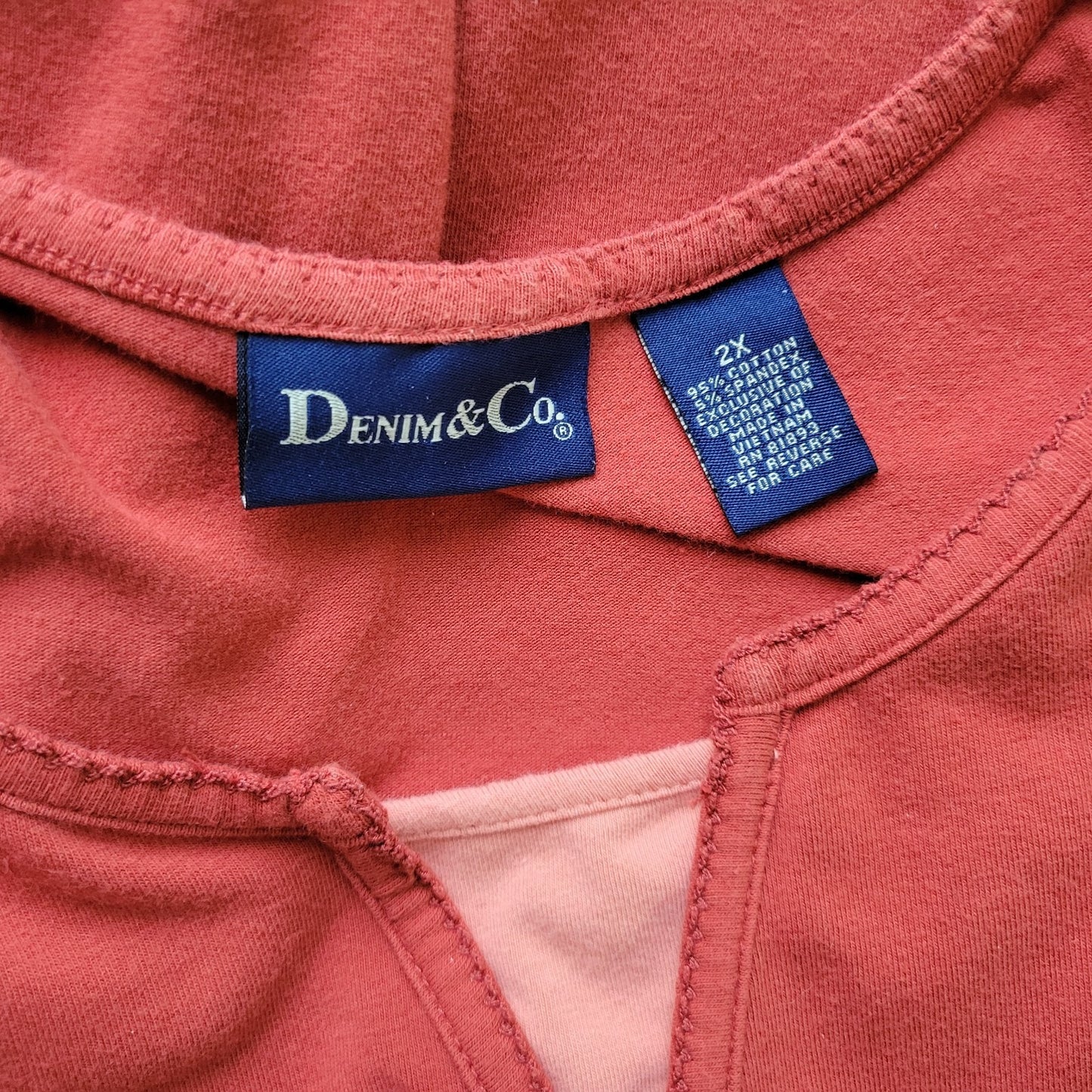 Denim Co QVC Womens Top 2X Plus 3/4 Sleeve Burnt Orange Embroidered Deco Buttons