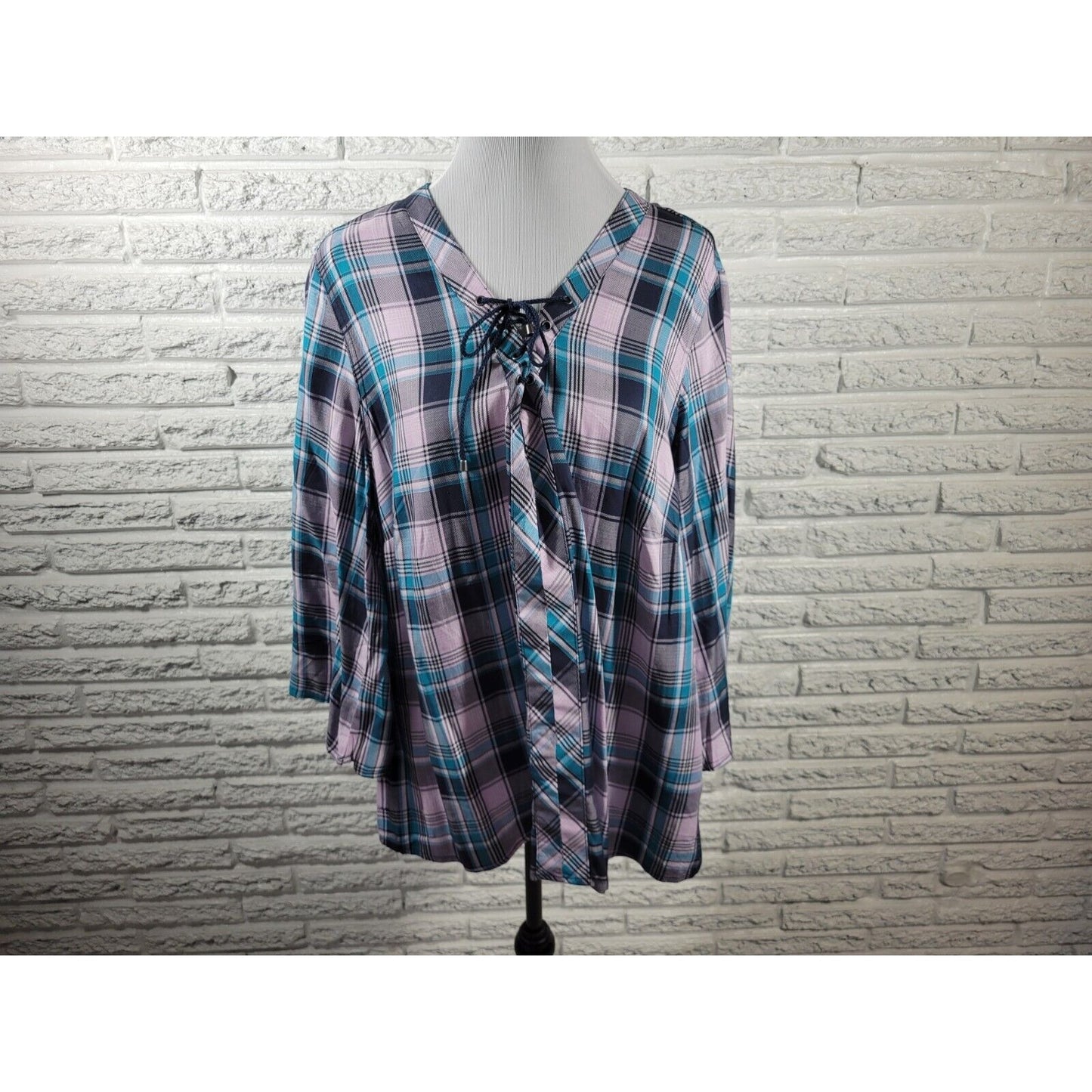 Cato Est 1948 Women Top 18W 20W Plus Lace Up 3/4 Sleeve Blue Plaid Lightweight