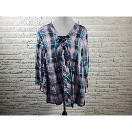 Cato Est 1948 Women Top 18W 20W Plus Lace Up 3/4 Sleeve Blue Plaid Lightweight