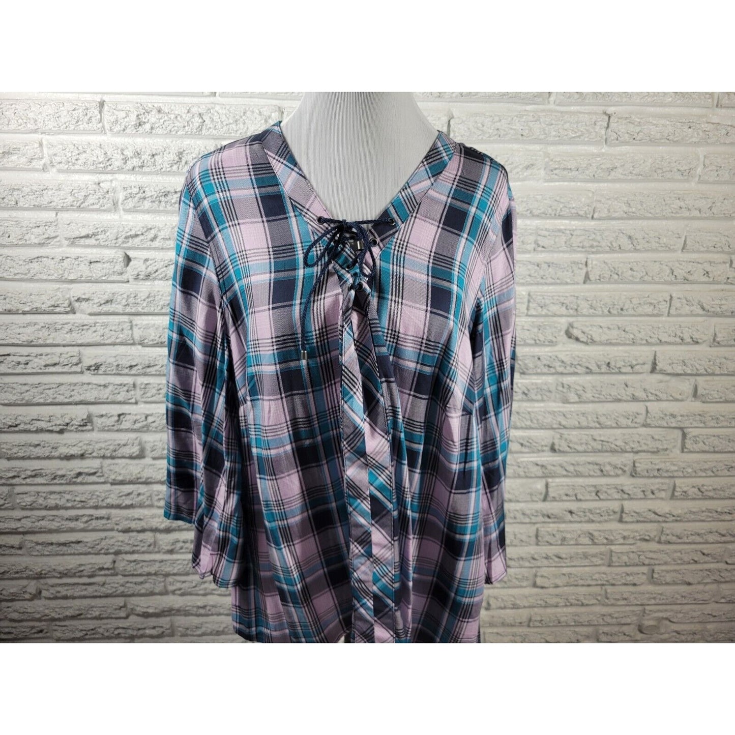 Cato Est 1948 Women Top 18W 20W Plus Lace Up 3/4 Sleeve Blue Plaid Lightweight