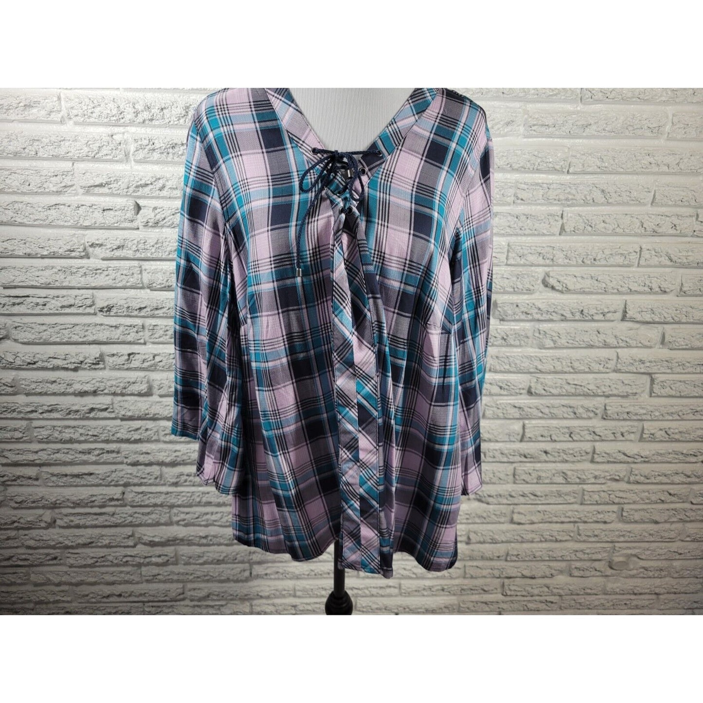 Cato Est 1948 Women Top 18W 20W Plus Lace Up 3/4 Sleeve Blue Plaid Lightweight