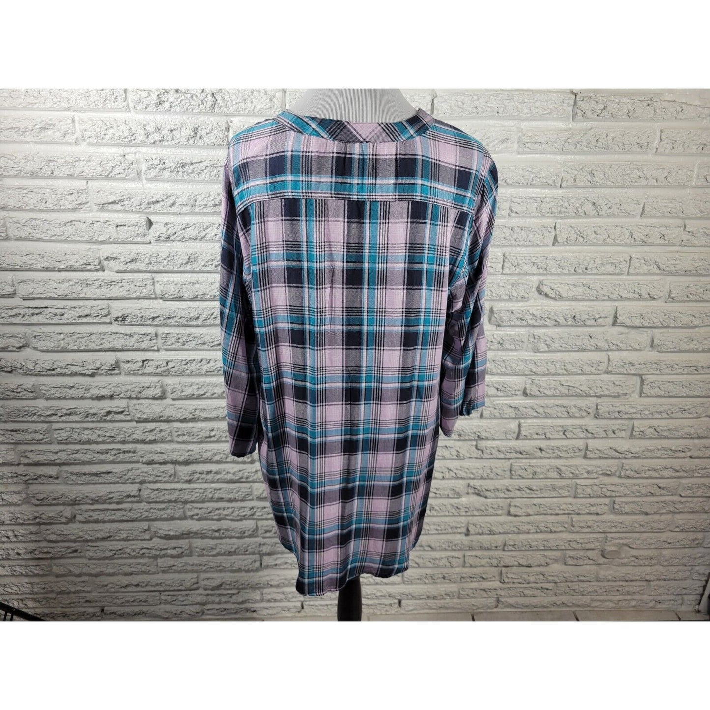 Cato Est 1948 Women Top 18W 20W Plus Lace Up 3/4 Sleeve Blue Plaid Lightweight