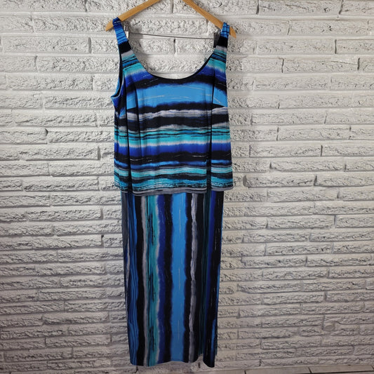 Signature Robbie Bee Womens Dress 1X Plus Tank Midi Sleeveless Blue Watercolor