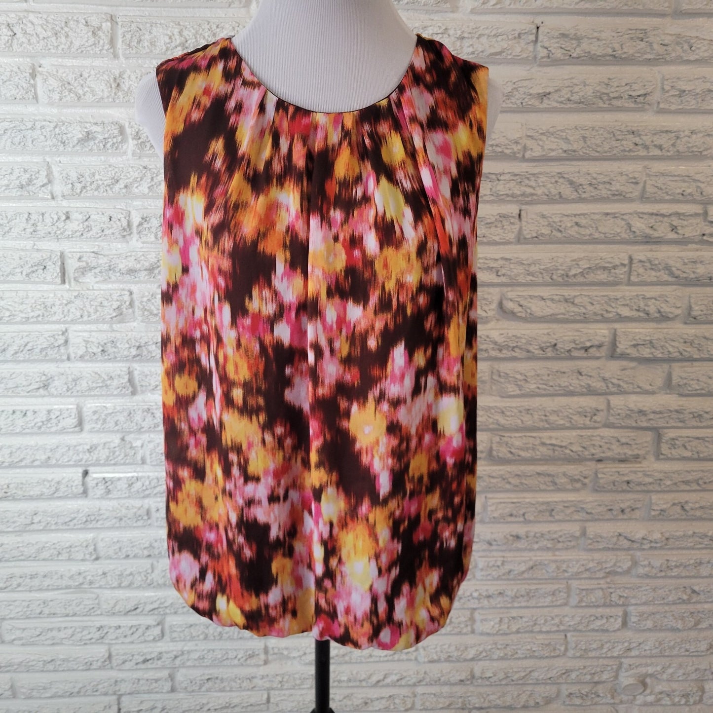 Liz Claiborne Womens Top XL Sleeveless Zip Up Brown Watercolor Lightweight Lined