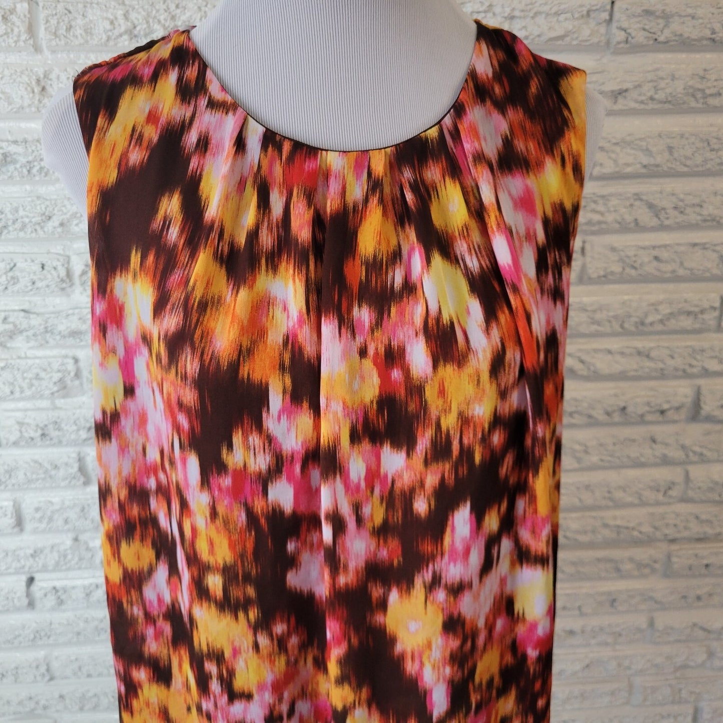 Liz Claiborne Womens Top XL Sleeveless Zip Up Brown Watercolor Lightweight Lined