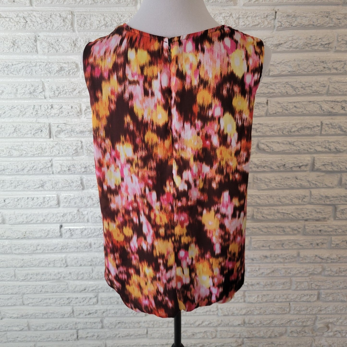 Liz Claiborne Womens Top XL Sleeveless Zip Up Brown Watercolor Lightweight Lined