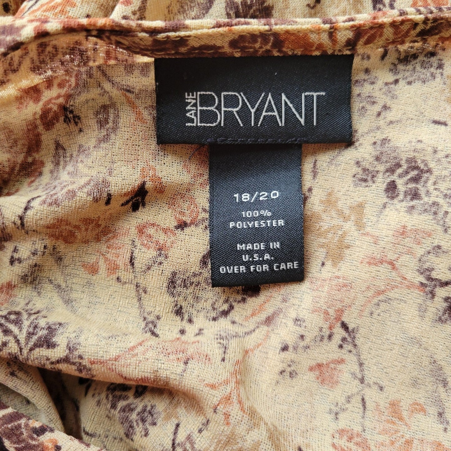 Lane Bryant Womens Top 18 20 Plus 3/4 Sleeve Brown Polyester Sheer Lightweight