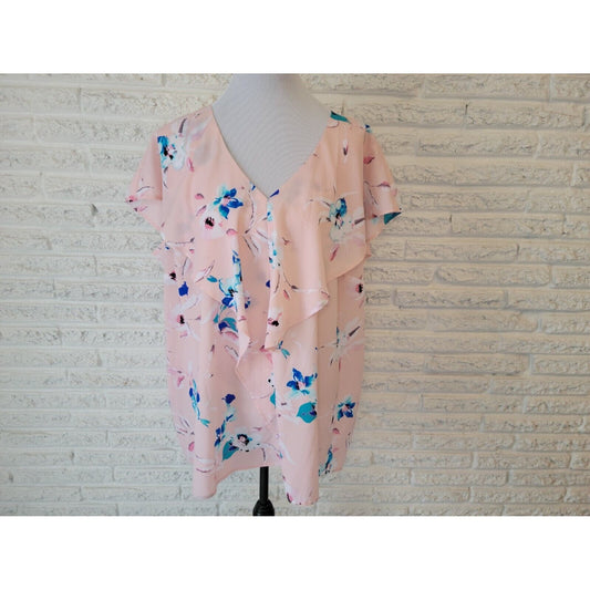 Lane Bryant Womens Top 22 Cap Sleeve Pink Blue Floral Polyester Layered Vneck
