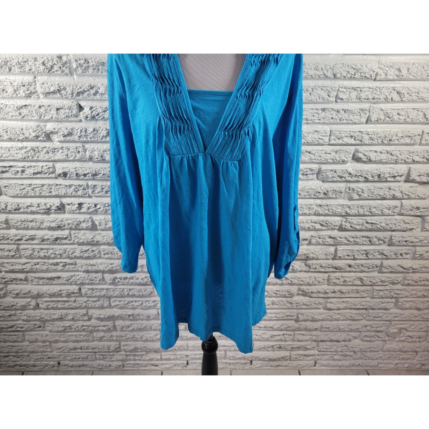 Westbound Women Top 3X Plus Tunic Roll Tab Sleeve Blue Cotton Casual Pintuck New