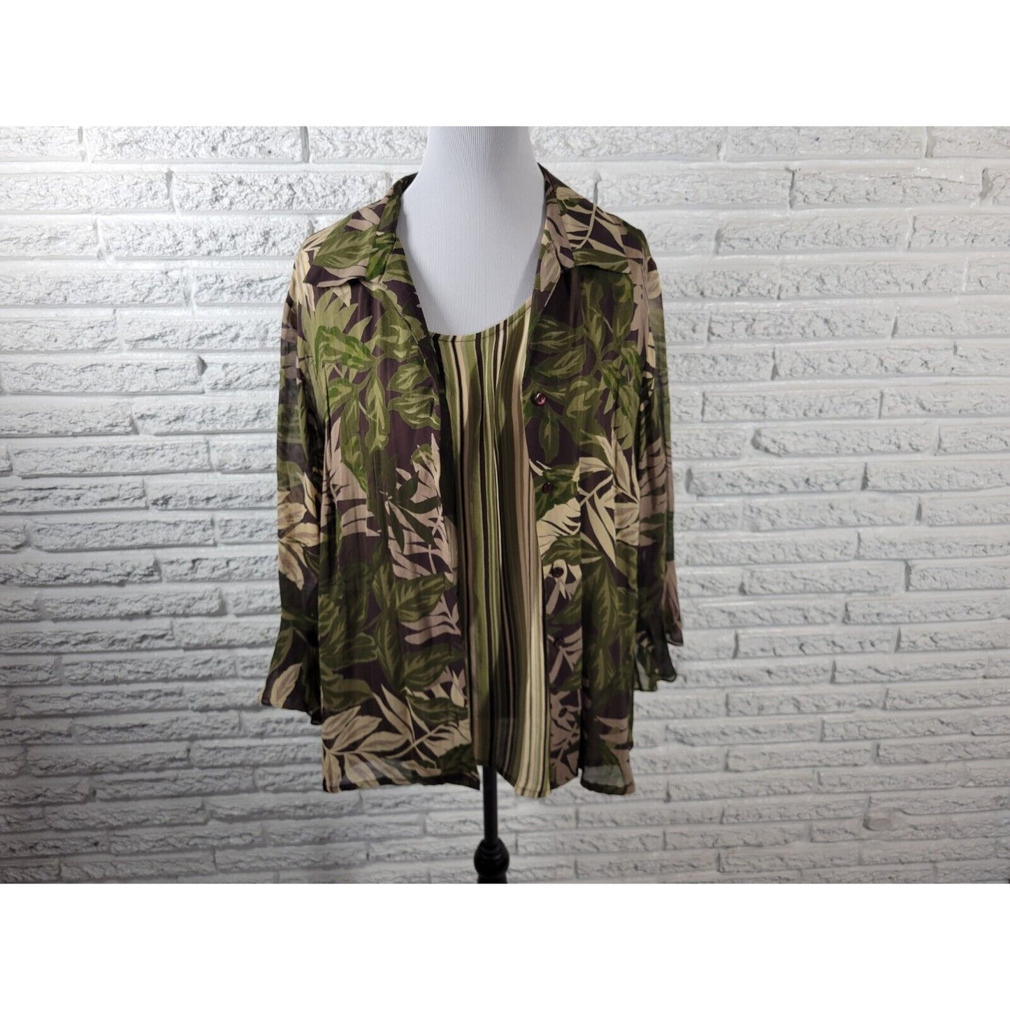Style & Co Womens Top 20W Long Bell Sleeve Green Floral with Tank Career Rayon