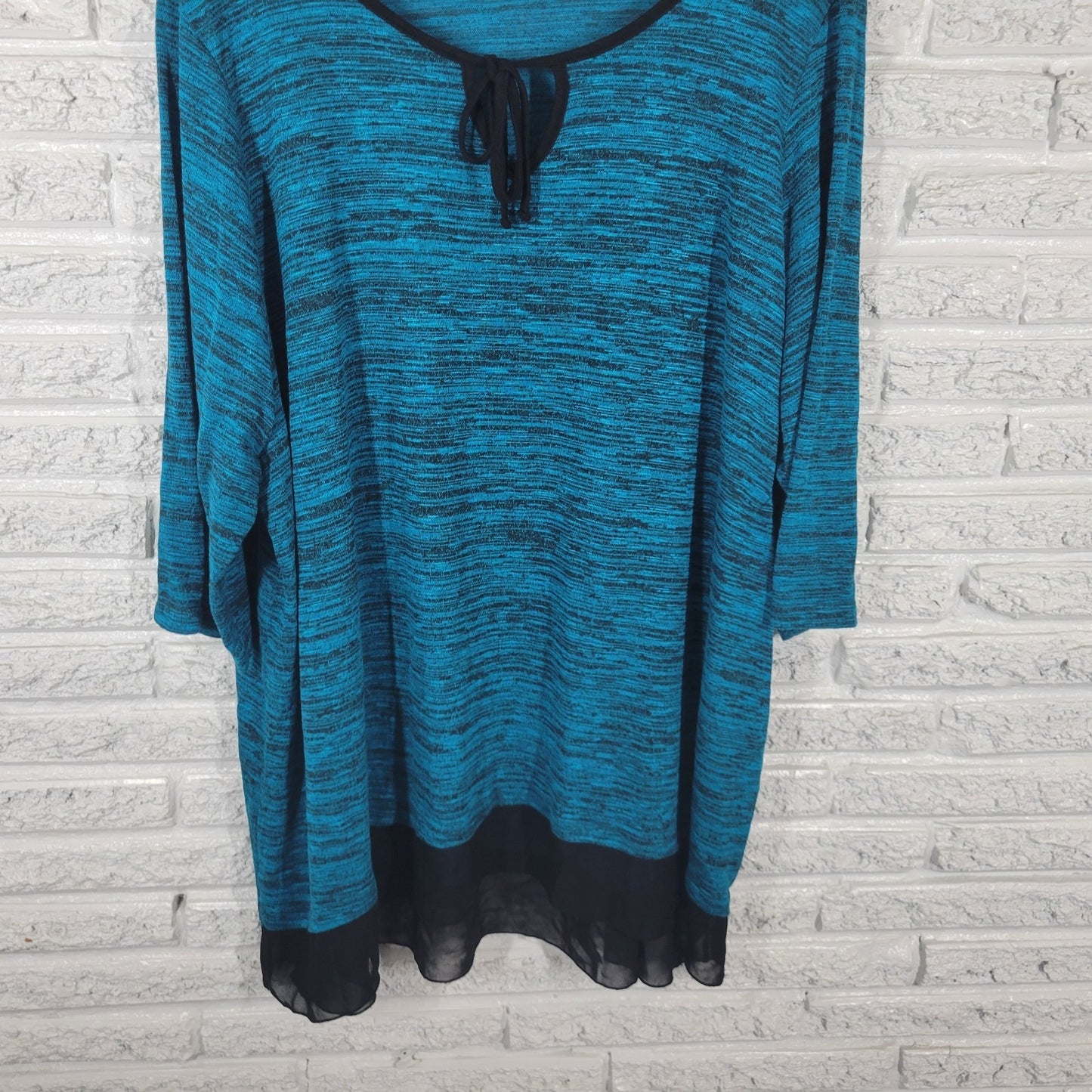 Catherines Womens Top 3X Plus Tunic 3/4 Sleeve Blue Heather Keyhole Chiffon Hem