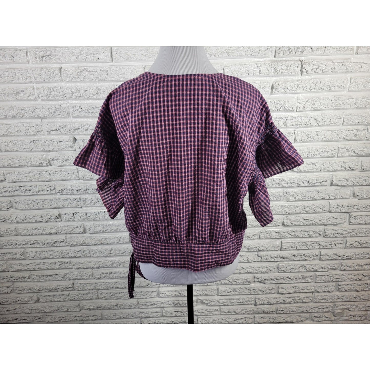 Madewell Womens Top 1X Plus Crop Ruffle Sleeve Casual Tied Hem Seersucker Blue