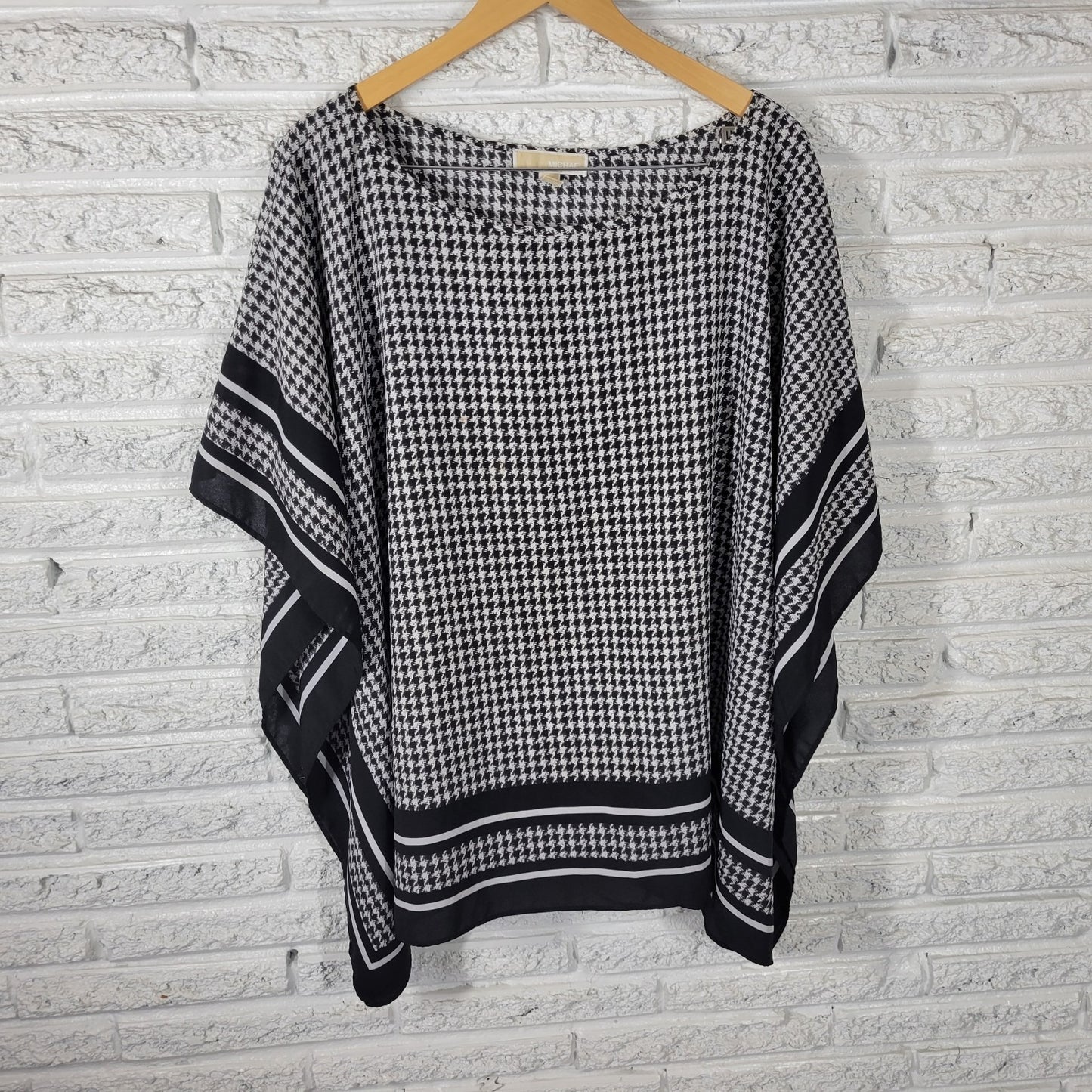 Michael Kors Womens Top 3X Plus Kimono Sleeve Black Houndstooth Lightweight