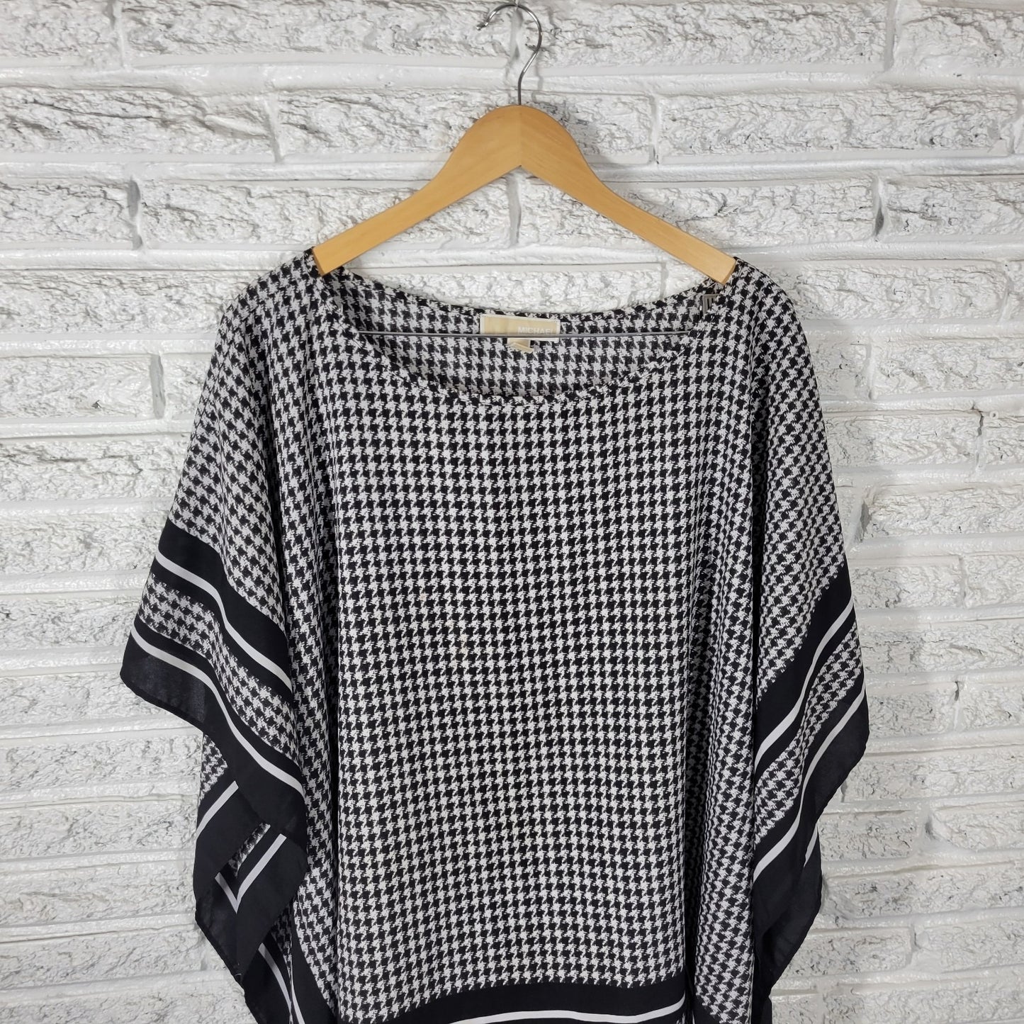 Michael Kors Womens Top 3X Plus Kimono Sleeve Black Houndstooth Lightweight