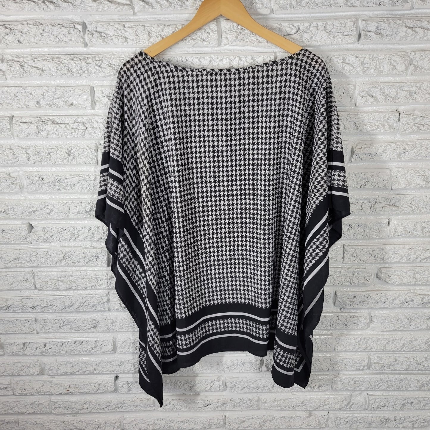 Michael Kors Womens Top 3X Plus Kimono Sleeve Black Houndstooth Lightweight