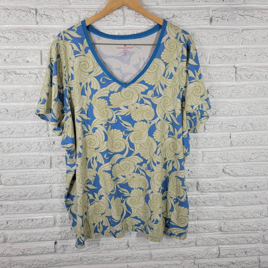 Woman Within Women Top 3X Plus Tee Short Sleeve Blue Green Nautilus Cotton Comfy