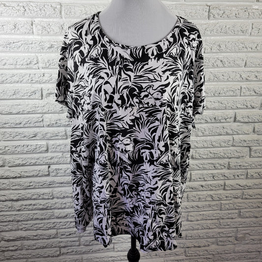 Roamans Womens Top 2X 26 28 Plus Short Sleeve Black Abstract Keyhole Back Cotton