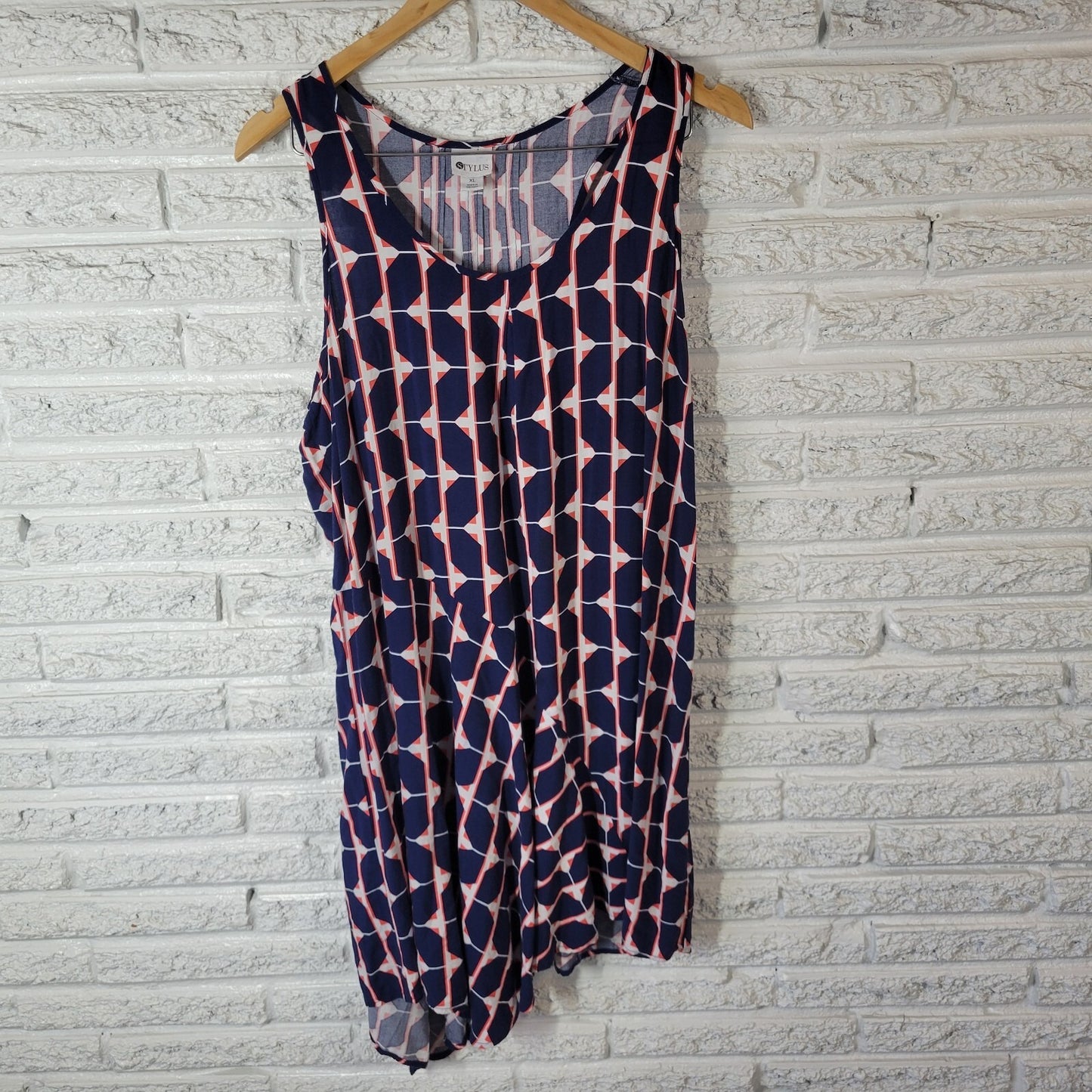 Stylus Women XL Blue Red Geometric Tank Mini Dress Rayon Sleeveless Pullover