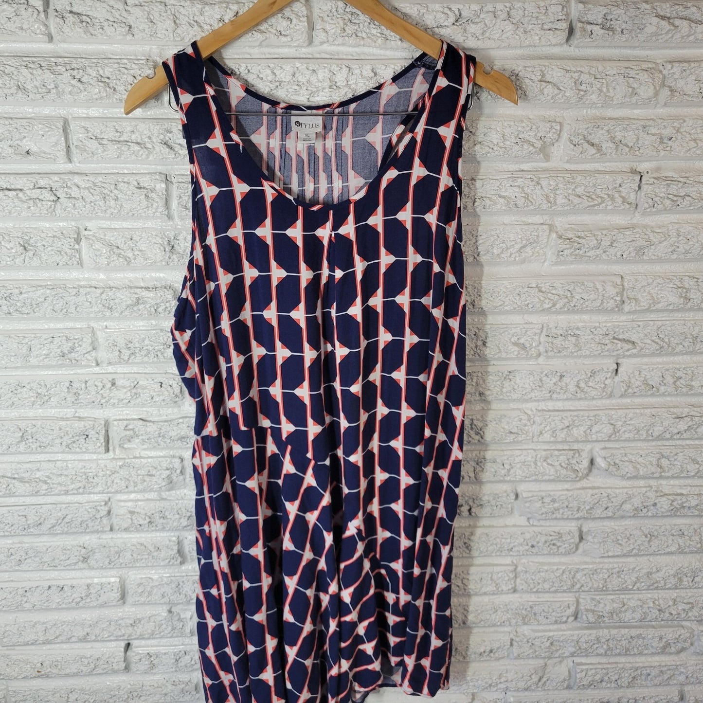 Stylus Women XL Blue Red Geometric Tank Mini Dress Rayon Sleeveless Pullover