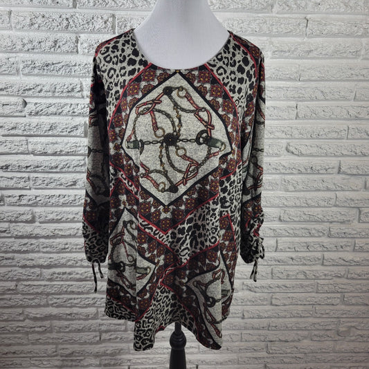 Est 1946 Women Top 18W 20W Plus Tunic Ruched Sleeve Gray Animal Print Poly Blend